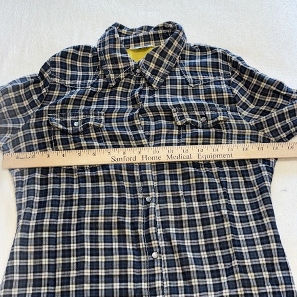 Old‎ Navy Pearl Snap Button Down Shirt Navy Plaid Women's M Preppy Outdoor Y2K - Picture 10 of 11